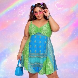 Peppermint Bay Green Blue Paisley Patchwork Y2K Boho Cotton Sundress